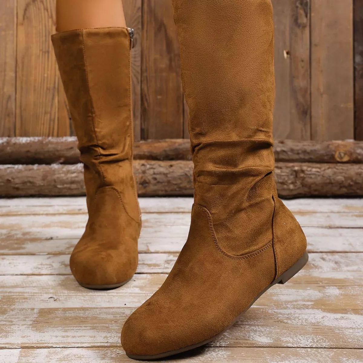 Women's Round Toe Side Zip Suede Mid-Calf Boots