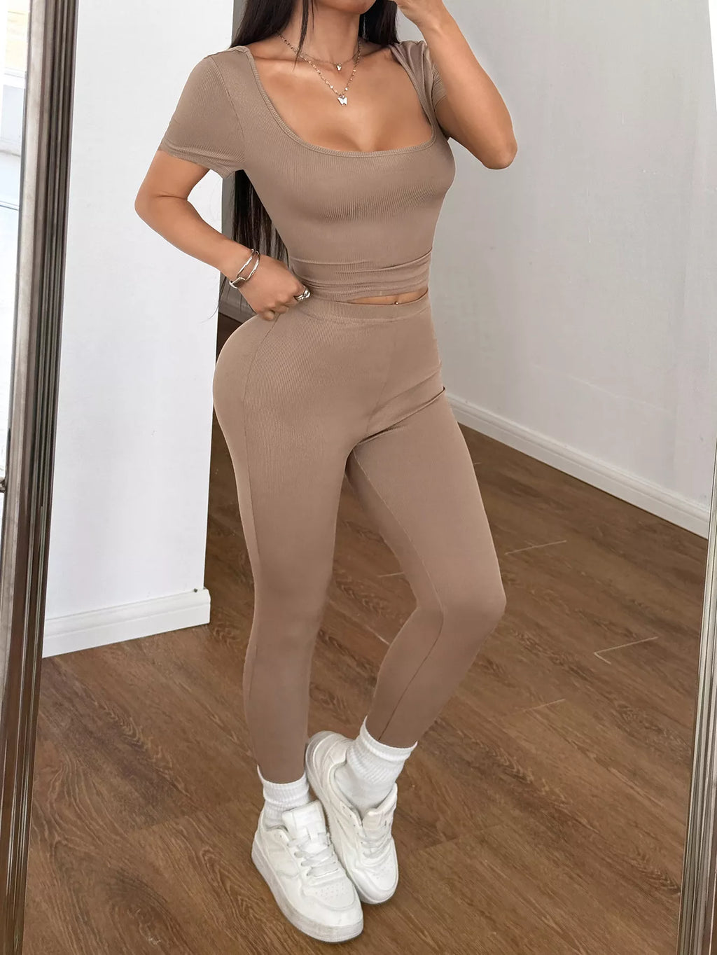 Women's Black Ribbed Short Sleeve Top & Leggings Lounge Set