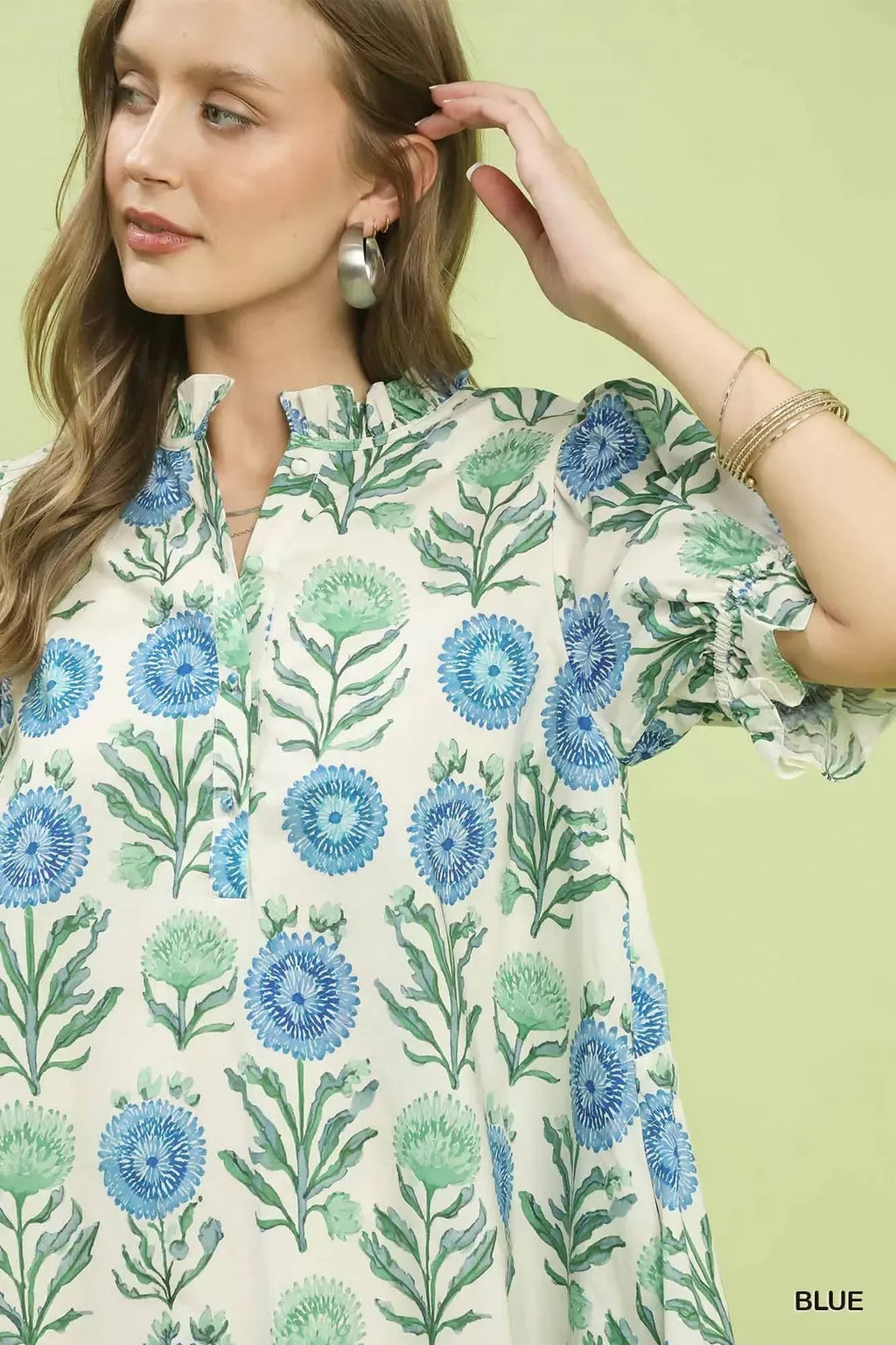 Blue Floral Puff Sleeve Babydoll Mini Dress with Side Pockets