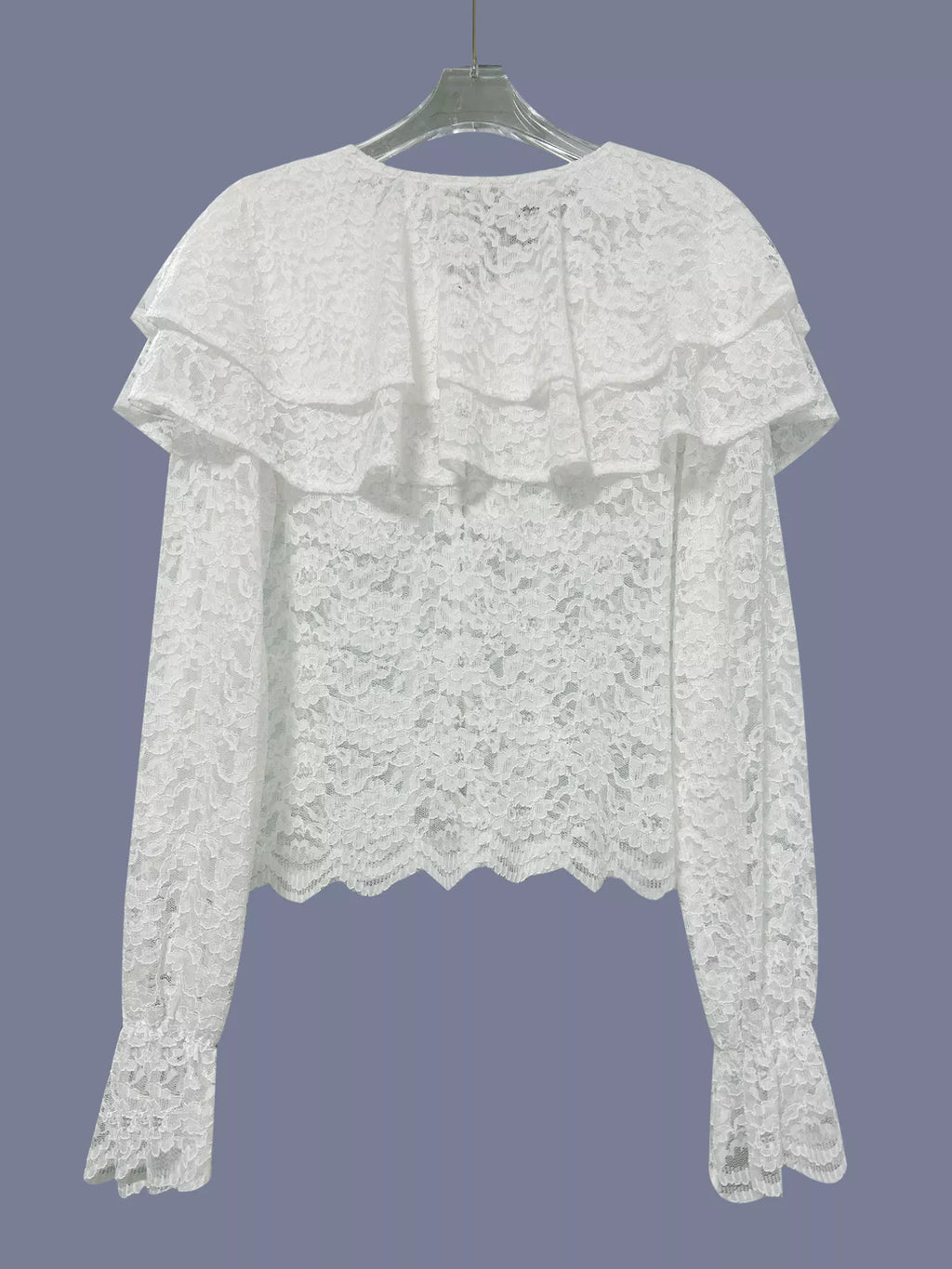 Women's White Ruffled Lace Flounce Sleeve Blouse