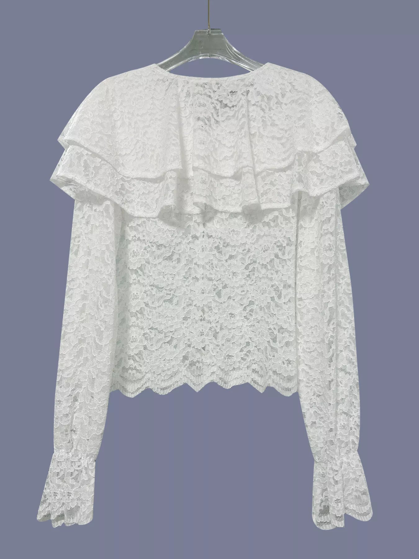 Women's White Ruffled Lace Flounce Sleeve Blouse