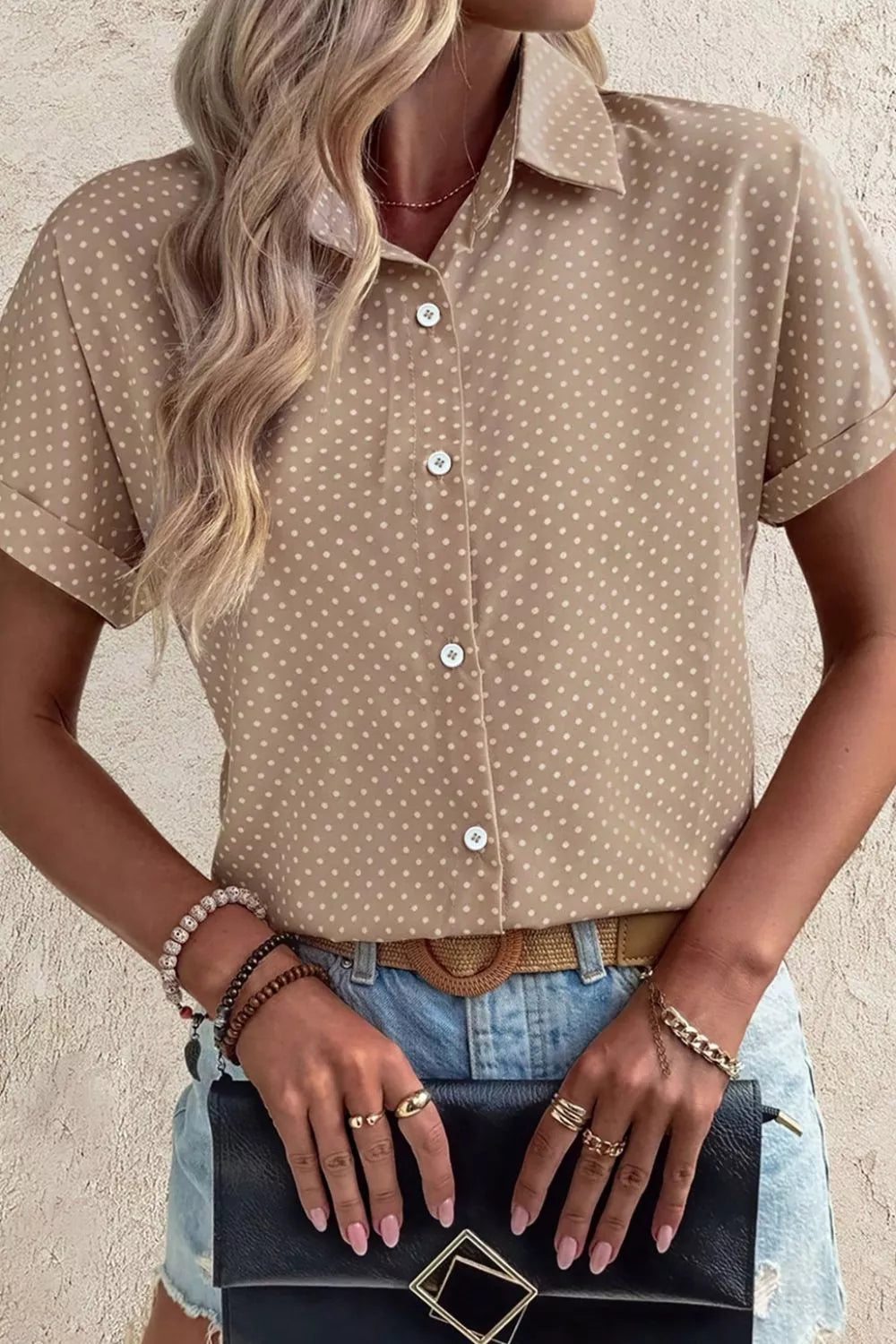 Women's Tan Polka Dot Button Down Short Sleeve Shirt