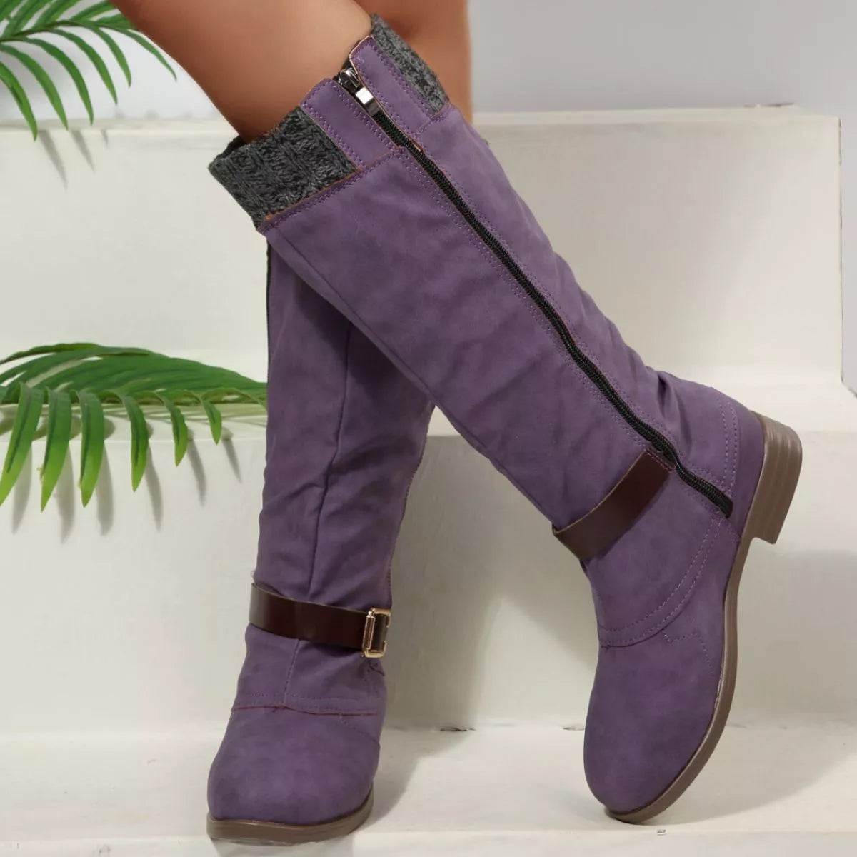 Women Black Suede Mid-Calf Boots with Knit Cuff and Buckle Detail