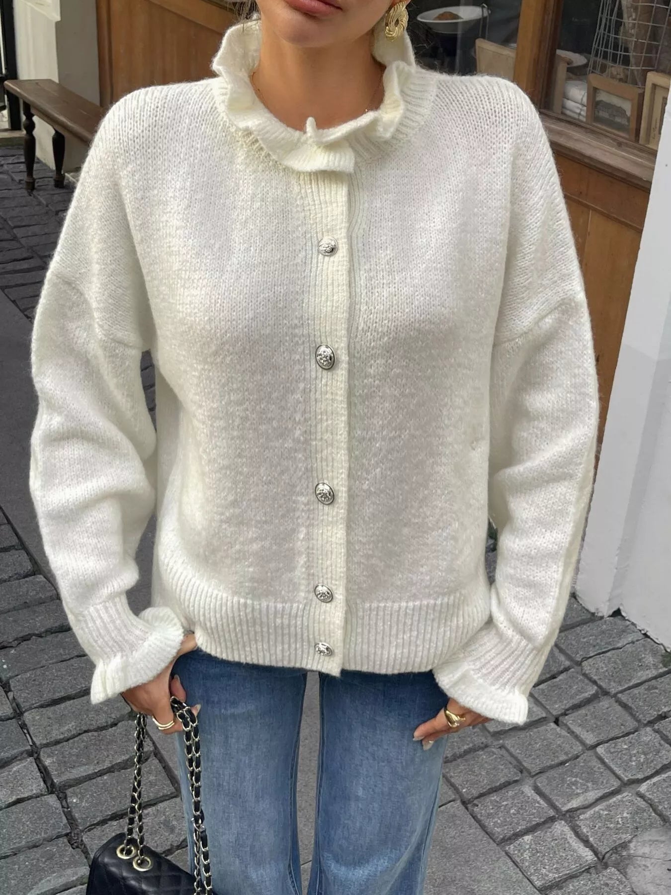 White Ribbed Ruffle Neck Button-Down Long Sleeve Cardigan