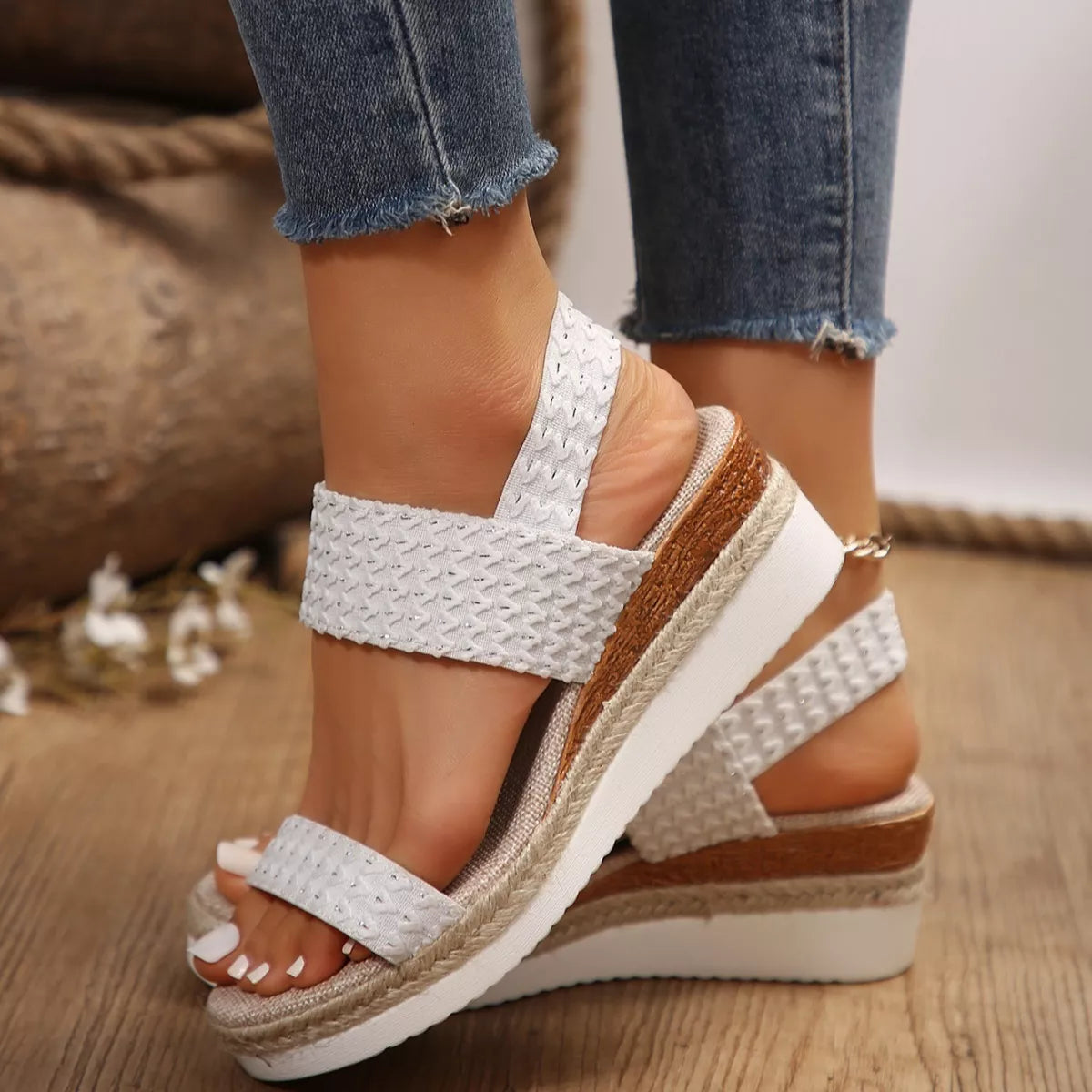 Woven Elastic Strap Platform Wedge Sandals