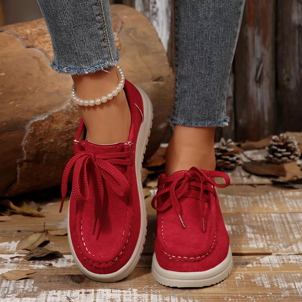 Women's Lace-Up Suede Round Toe Flats Comfortable Casual Shoes