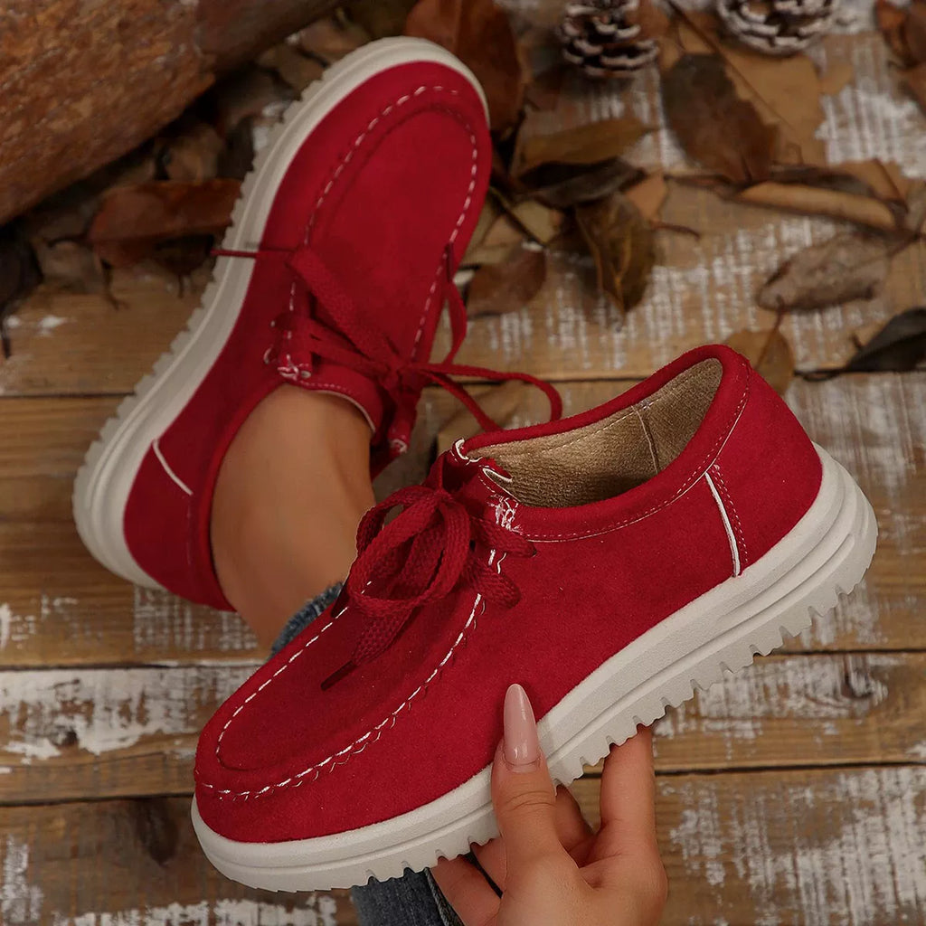 Women's Lace-Up Suede Round Toe Flats Comfortable Casual Shoes