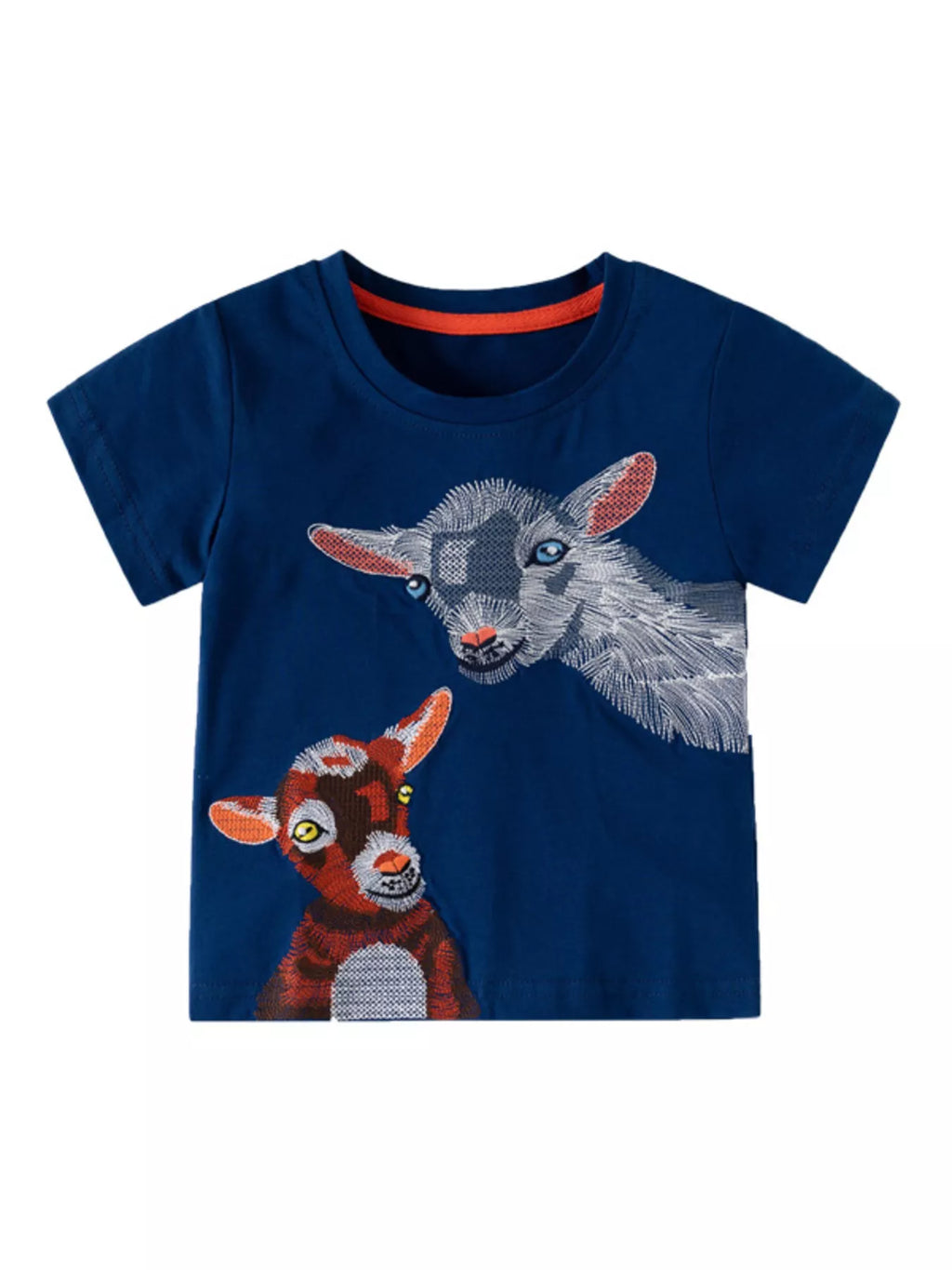 Navy Blue Childrens Embroidered Goat Graphic Round Neck Tee