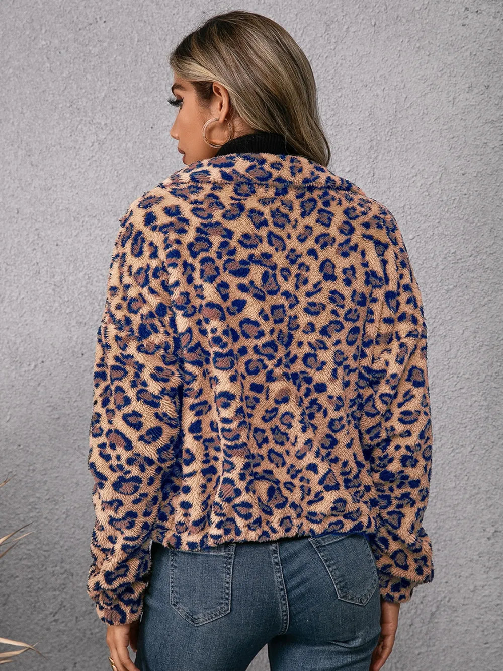 Women's Leopard Print Fleece Zip Up Jacket with Drawstring