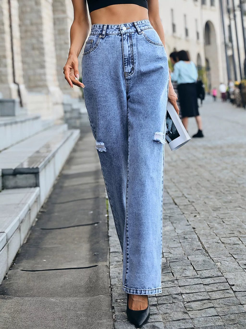 High Waist Distressed Straight Leg Jeans Light Wash