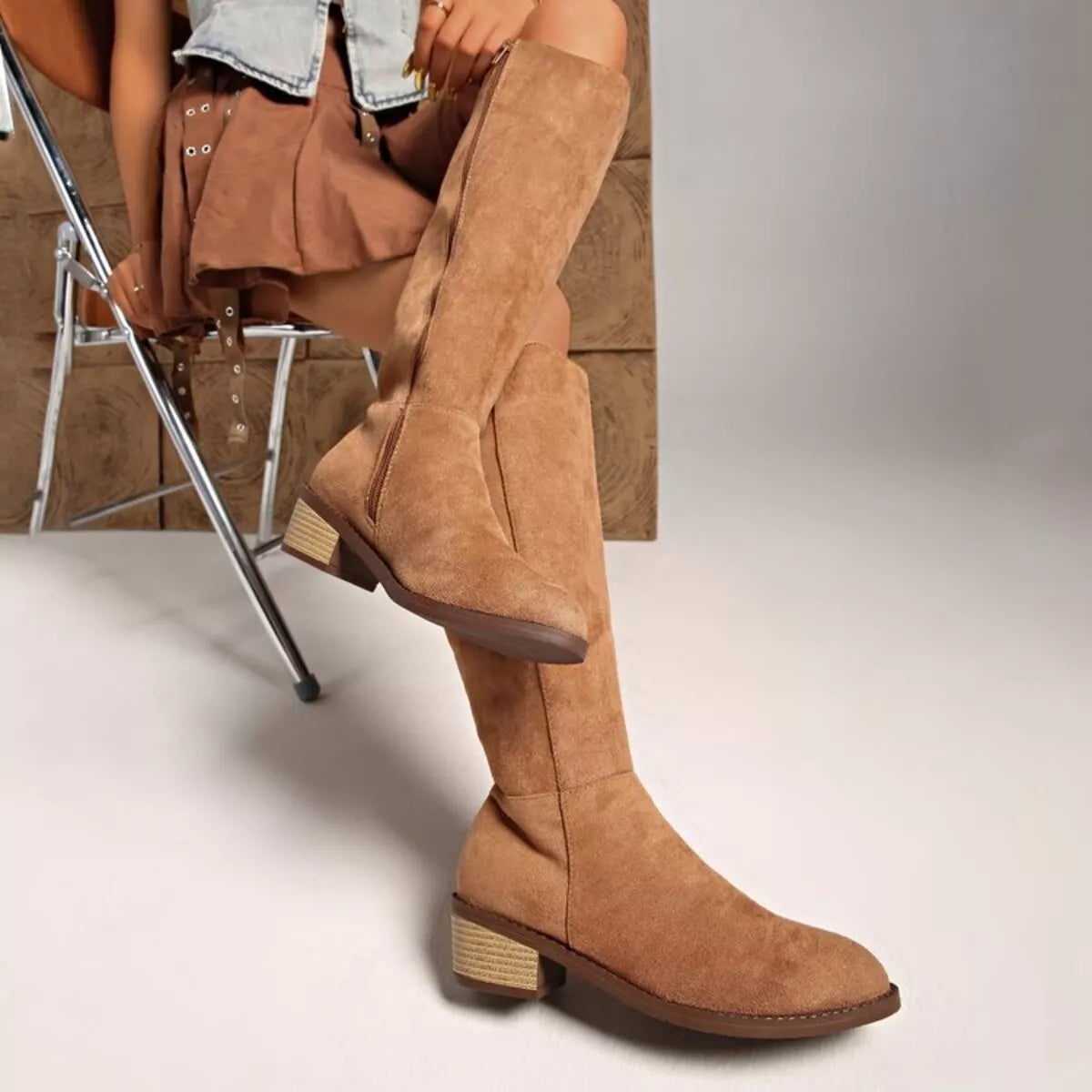 Women's Tan Suede Knee-High Boots with Mid Block Heel
