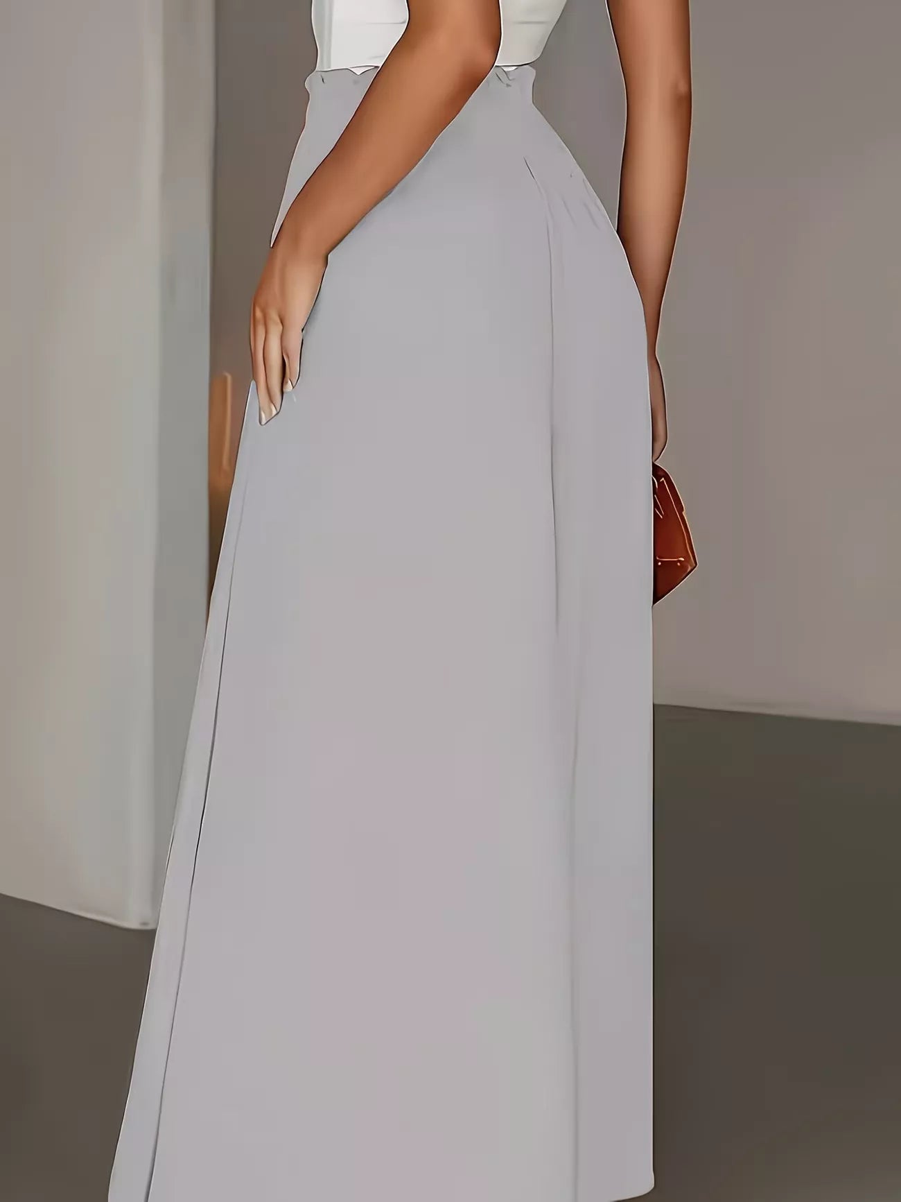 Beige High-Waisted Wide-Leg Pants with Button Detail