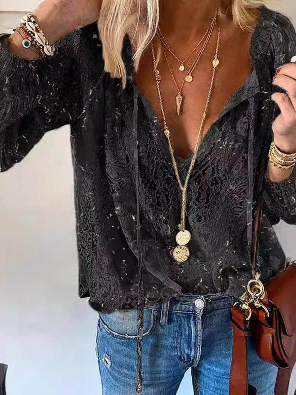Women's Sheer Lace Tie-Neck Long Sleeve Blouse Casual Top