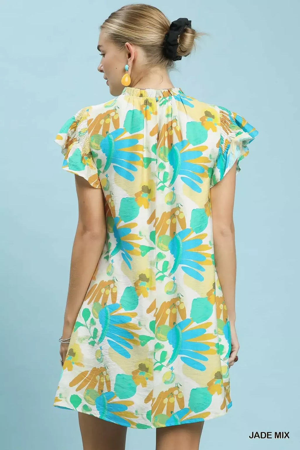 Jade Mix Ruffled Botanical Mini Dress with Flutter Sleeves