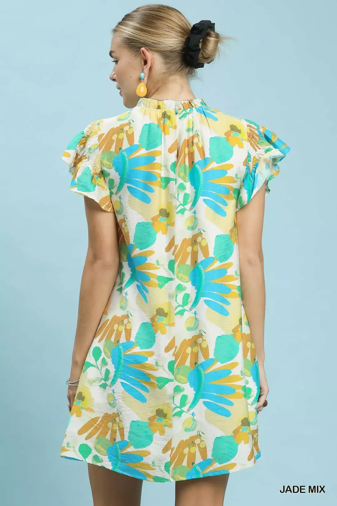 Jade Mix Ruffled Botanical Mini Dress with Flutter Sleeves
