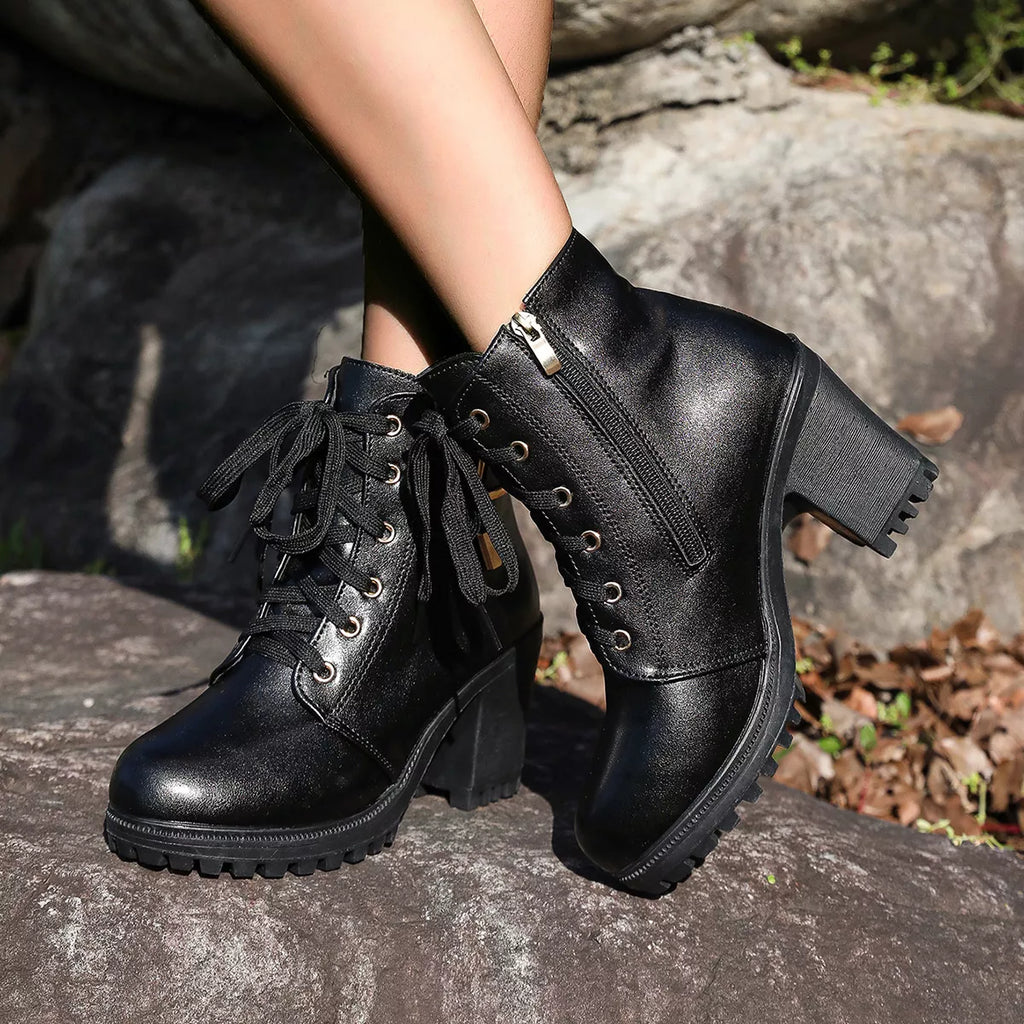 Women's Lace Up Block Heel Boots in Brown Faux Leather