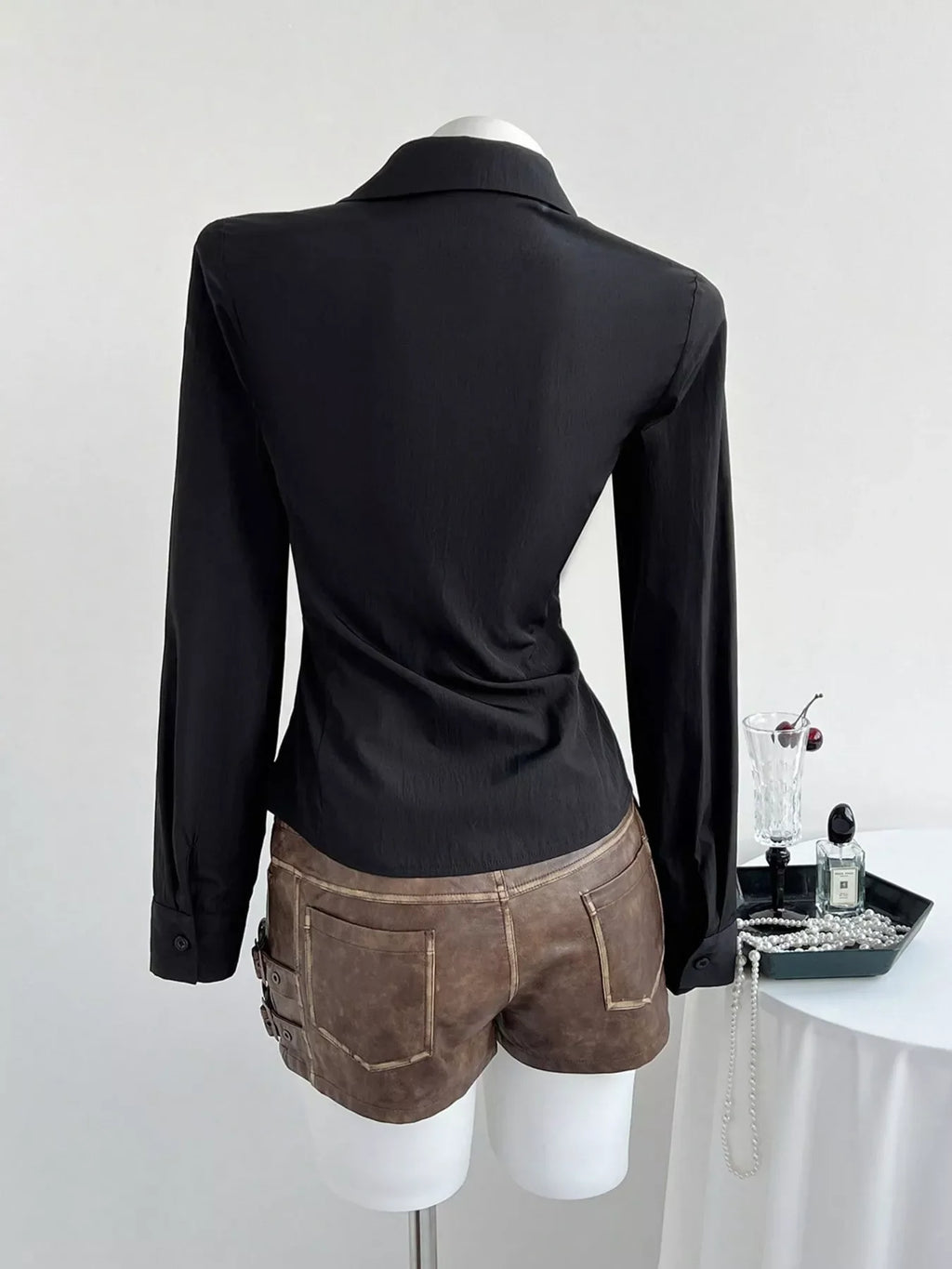 Black Lace Trim Ruched Slim Fit Button Down Shirt