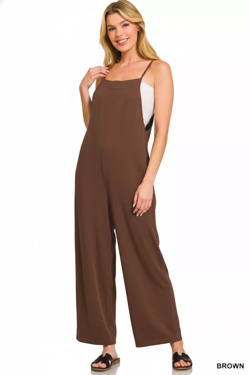 Woven Wide Leg Jumpsuit in Brown with Pockets