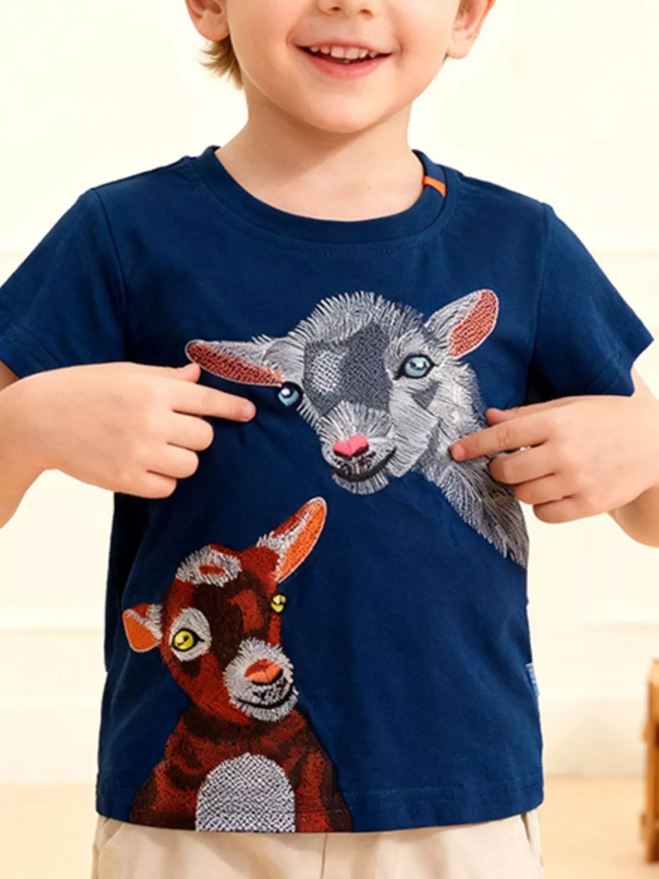 Navy Blue Childrens Embroidered Goat Graphic Round Neck Tee
