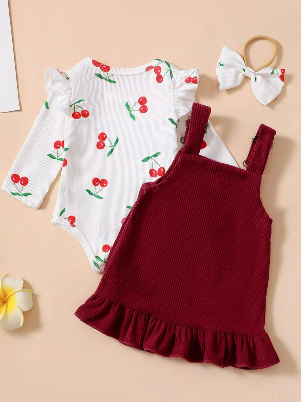 Wine Red Cherry Print Bodysuit & Corduroy Dress Set