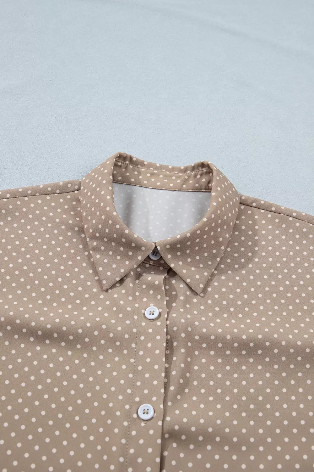 Women's Tan Polka Dot Button Down Short Sleeve Shirt