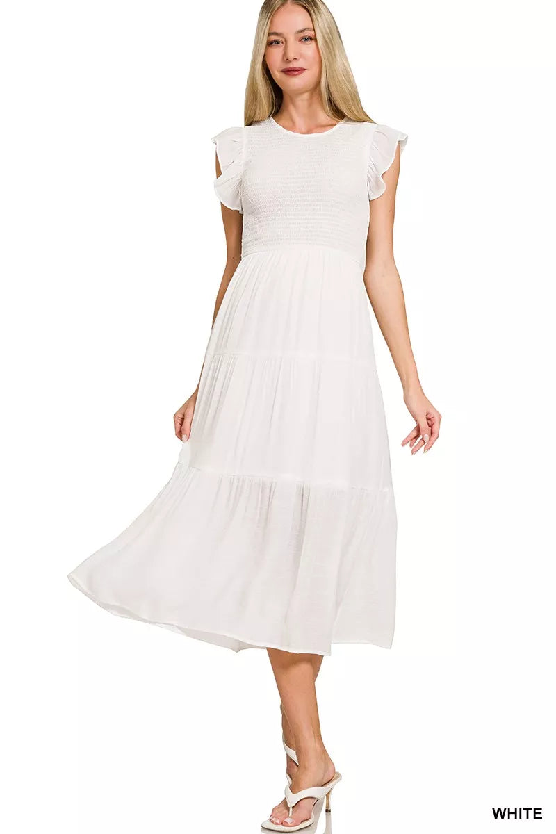Woven Smocked Ruffle Sleeve Midi Dress in White