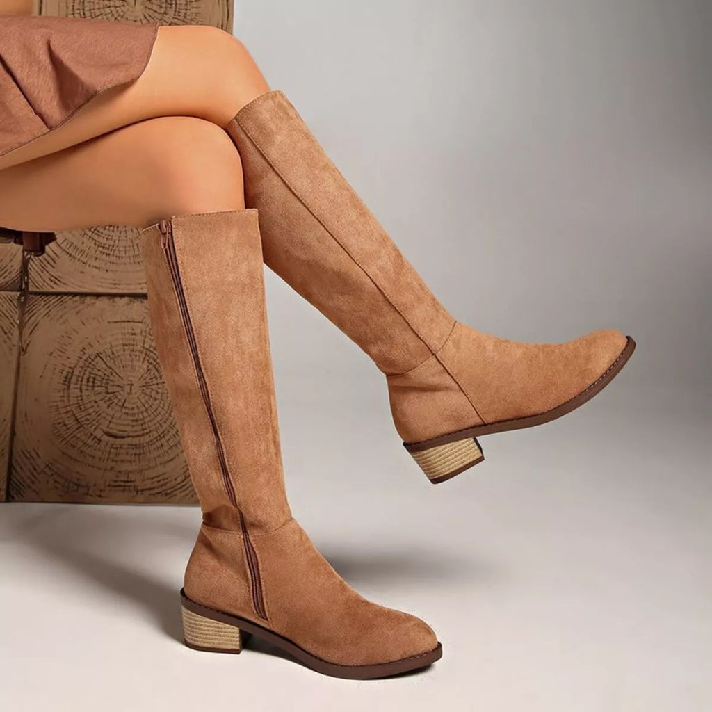 Women's Tan Suede Knee-High Boots with Mid Block Heel
