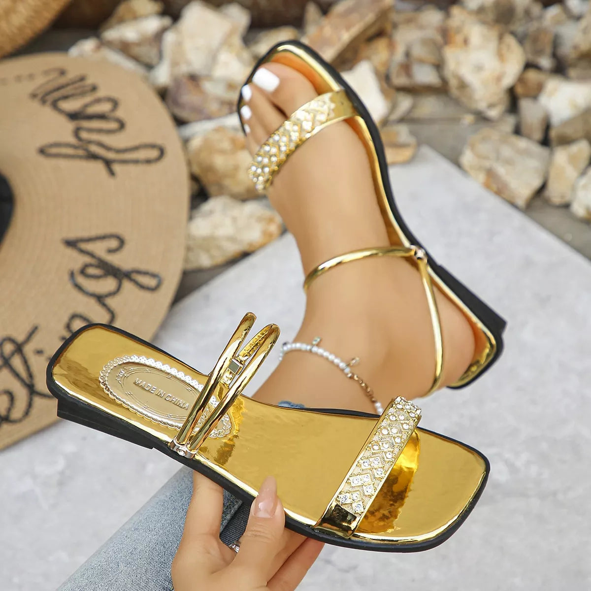 Gold Rhinestone Embellished Strappy Flat Sandals