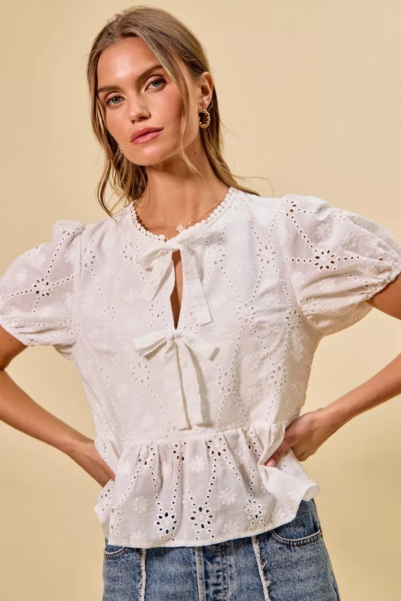 Women's Cotton Eyelet Blouse with Front Tie