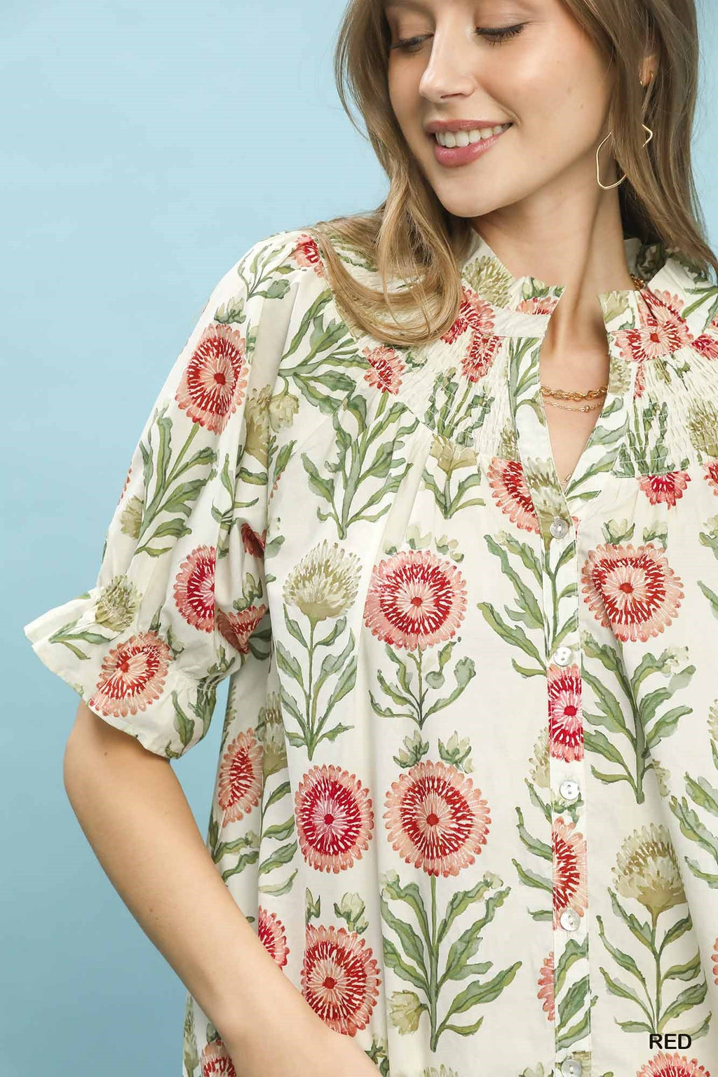 Women's Floral Button-Front Short Sleeve Top