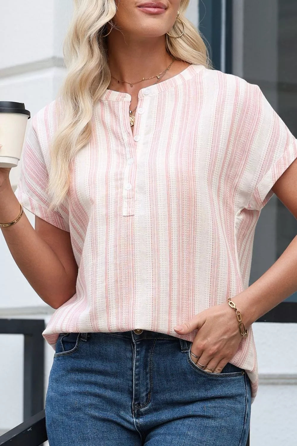Women Striped Button Detail Short Sleeve Blouse Casual Shirt