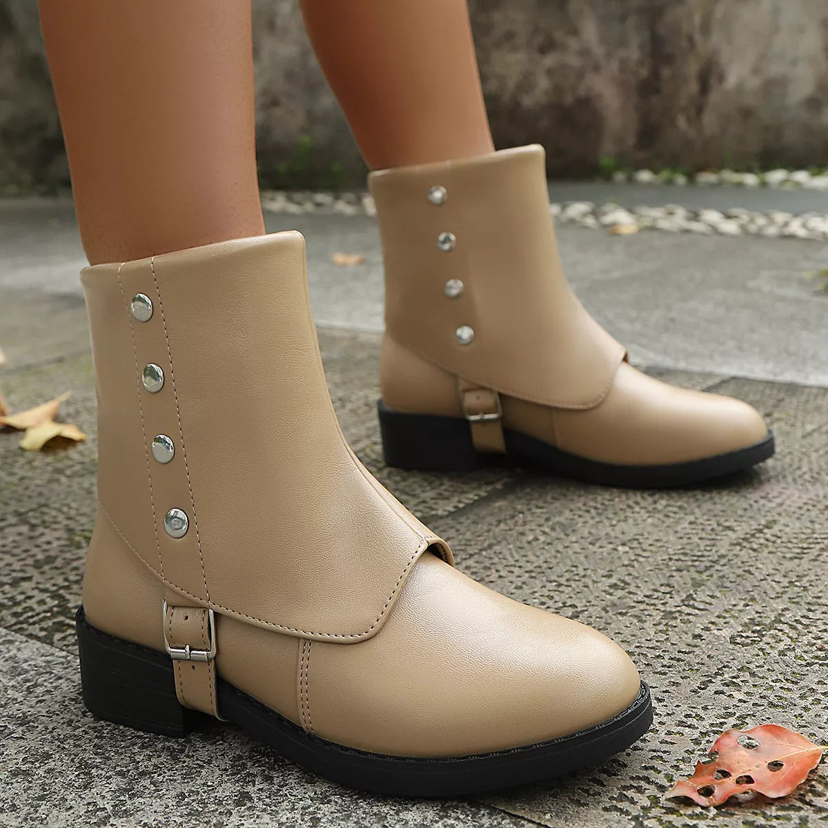 Women's Round Toe White Block Heel Boots with Buckle Detail