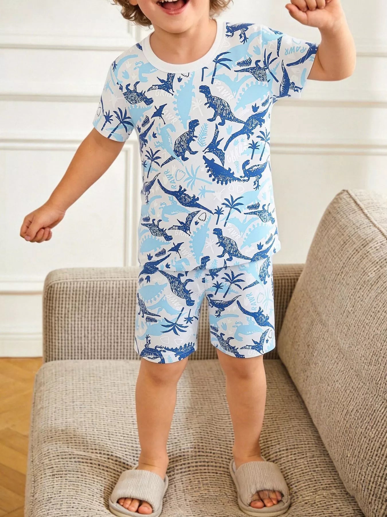 Boys Blue Dinosaur Print Short Sleeve Pajama Set