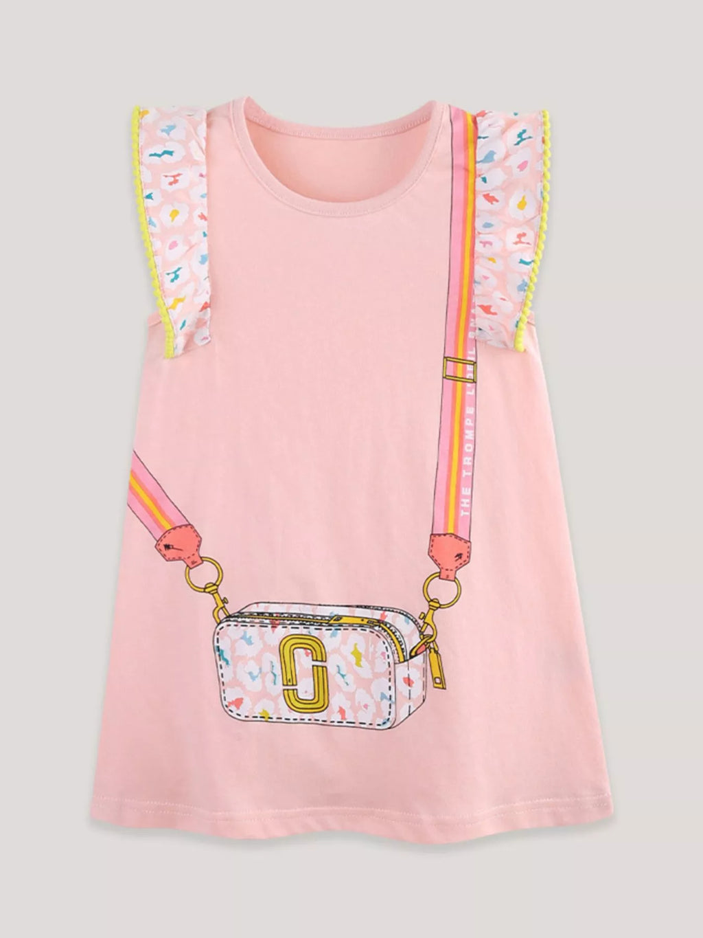 Girls Pink Ruffled Cartoon Bag Print Cotton Dress for Playtime