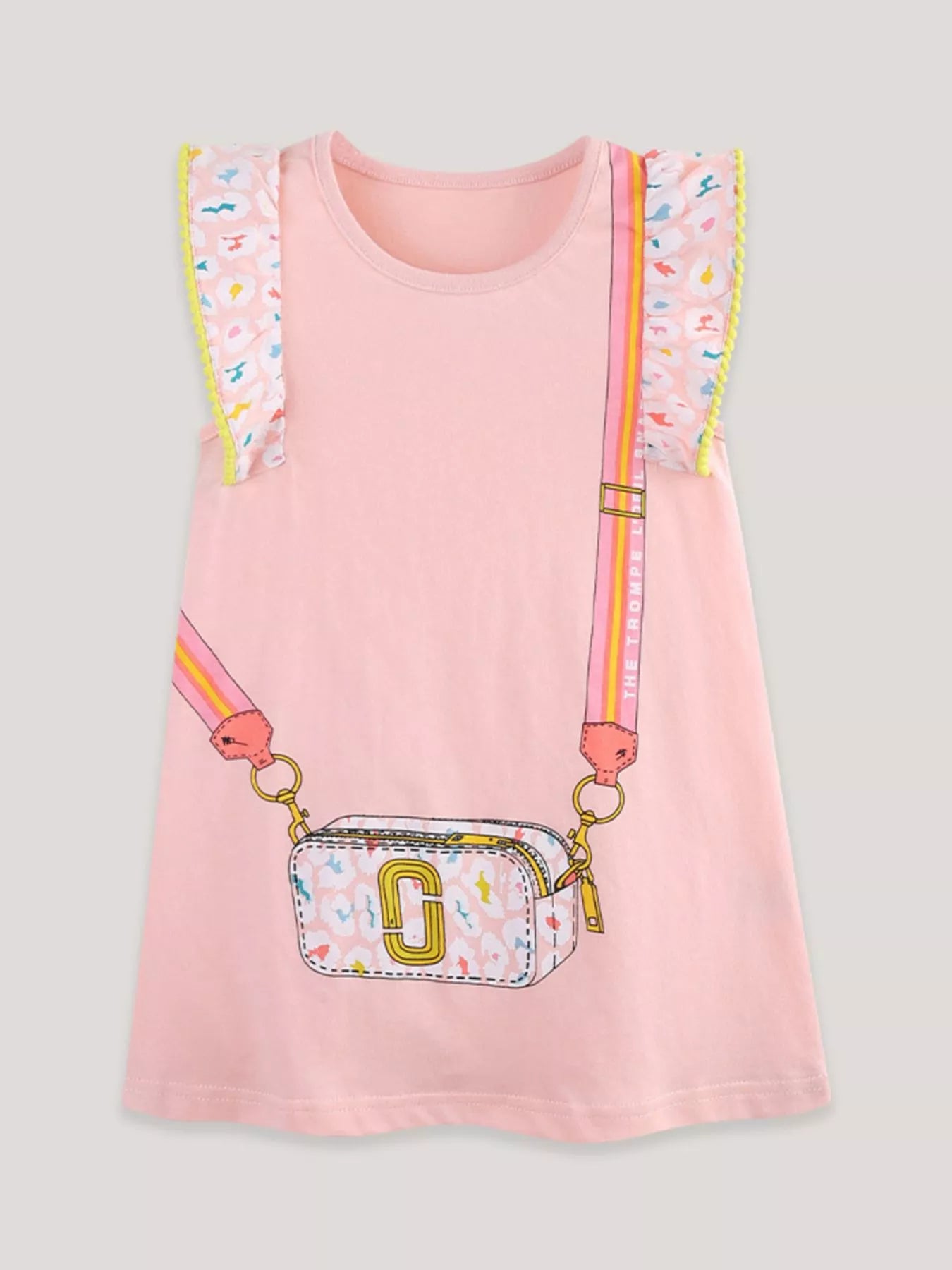 Girls Pink Ruffled Cartoon Bag Print Cotton Dress for Playtime