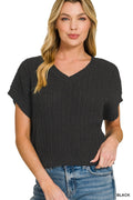 Textured Knit V-Neck Short Sleeve Cropped Sweater in Black