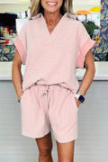 Striped Dolman Sleeve Polo Shirt and Drawstring Shorts Set