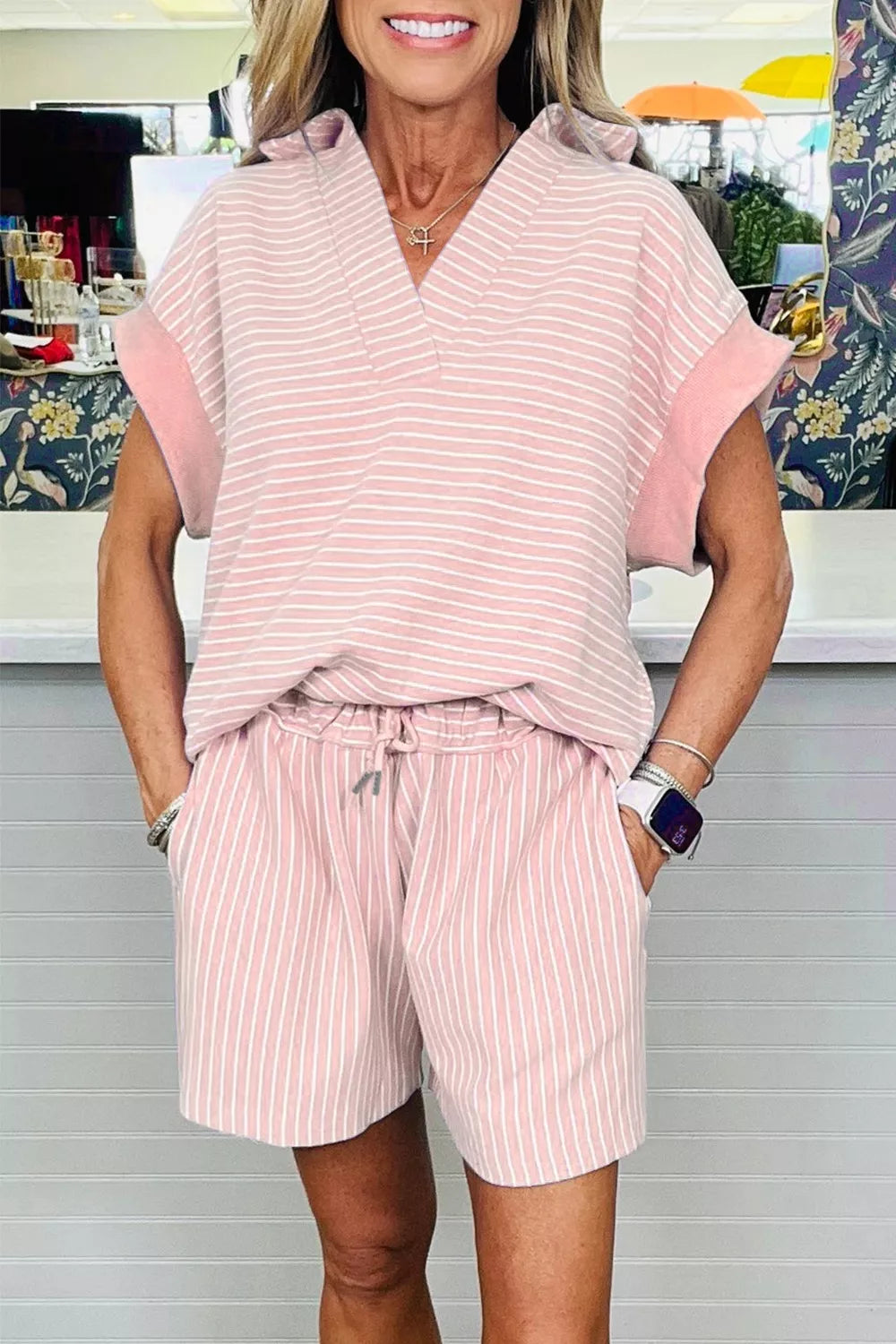 Striped Dolman Sleeve Polo Shirt and Drawstring Shorts Set