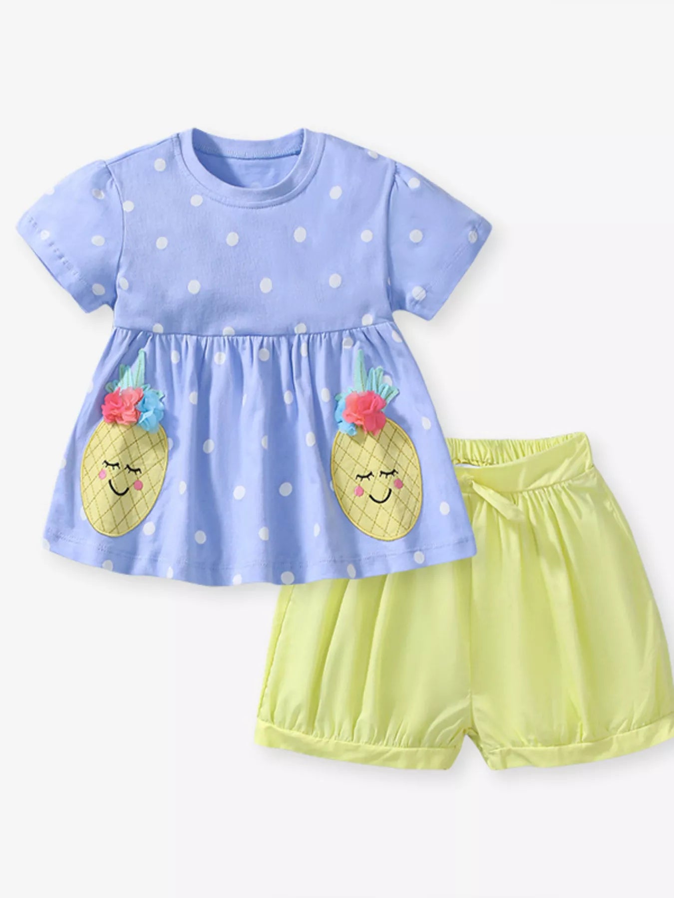 Yellow Polka Dot Pineapple Applique Tee and Shorts Set
