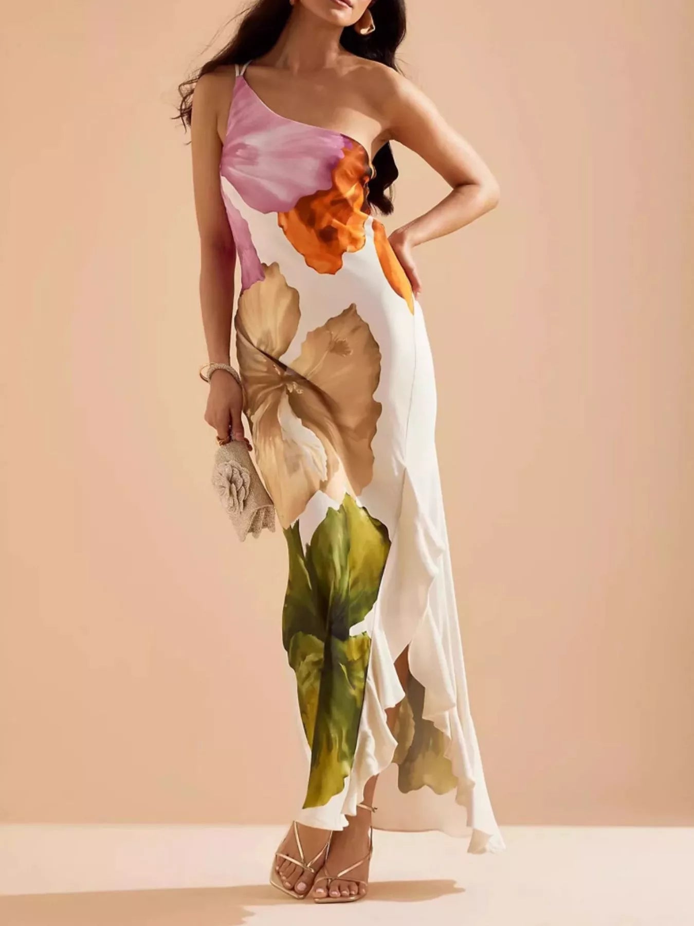 Floral Print One-Shoulder Ruffle Hem Maxi Dress in White Multi