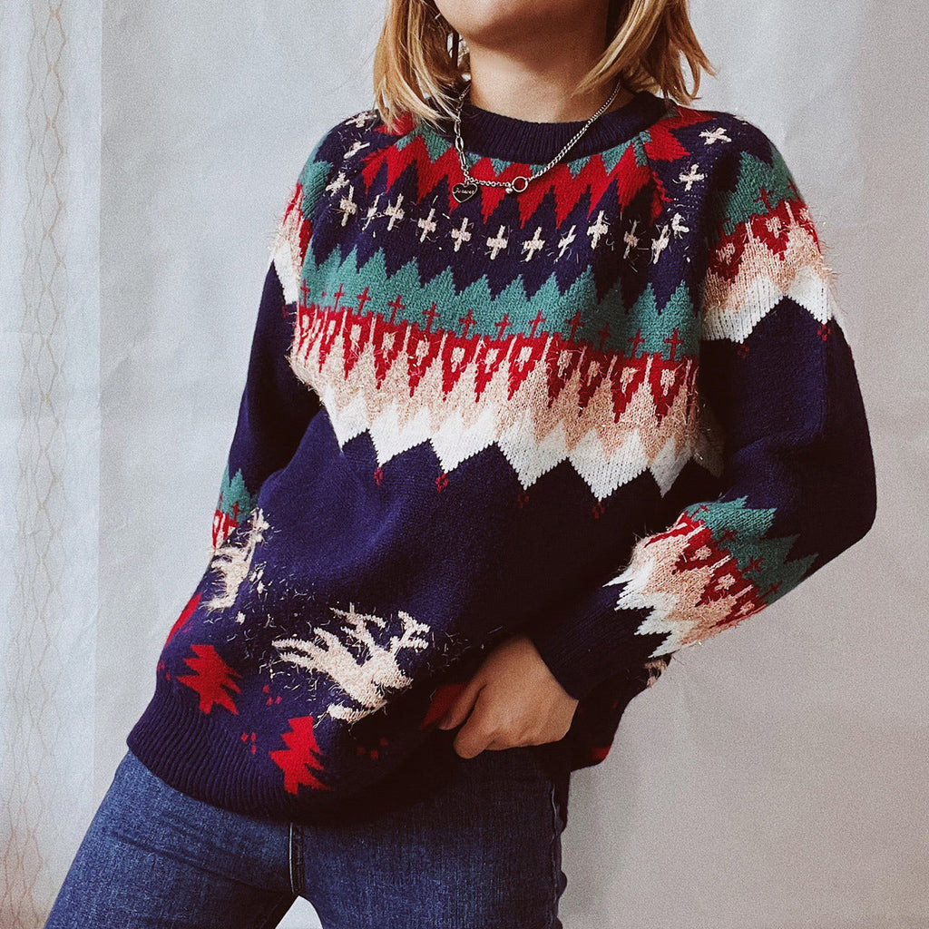 Women's Christmas Reindeer and Tree Pattern Long Sleeve Sweater