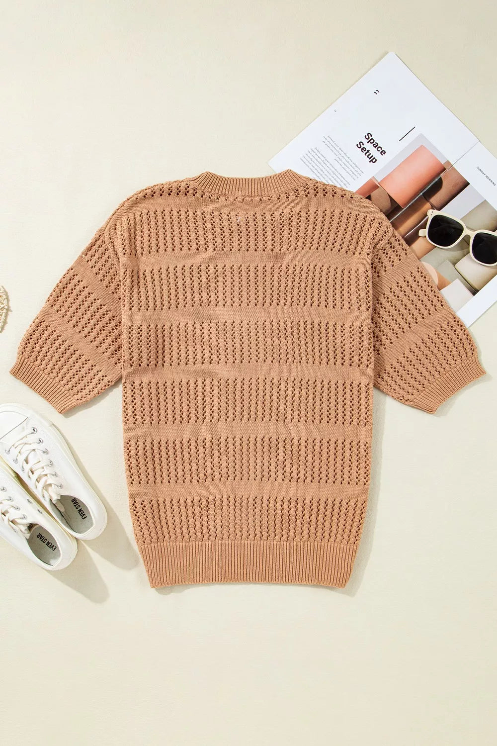 Openwork Round Neck Knit Top in Tan