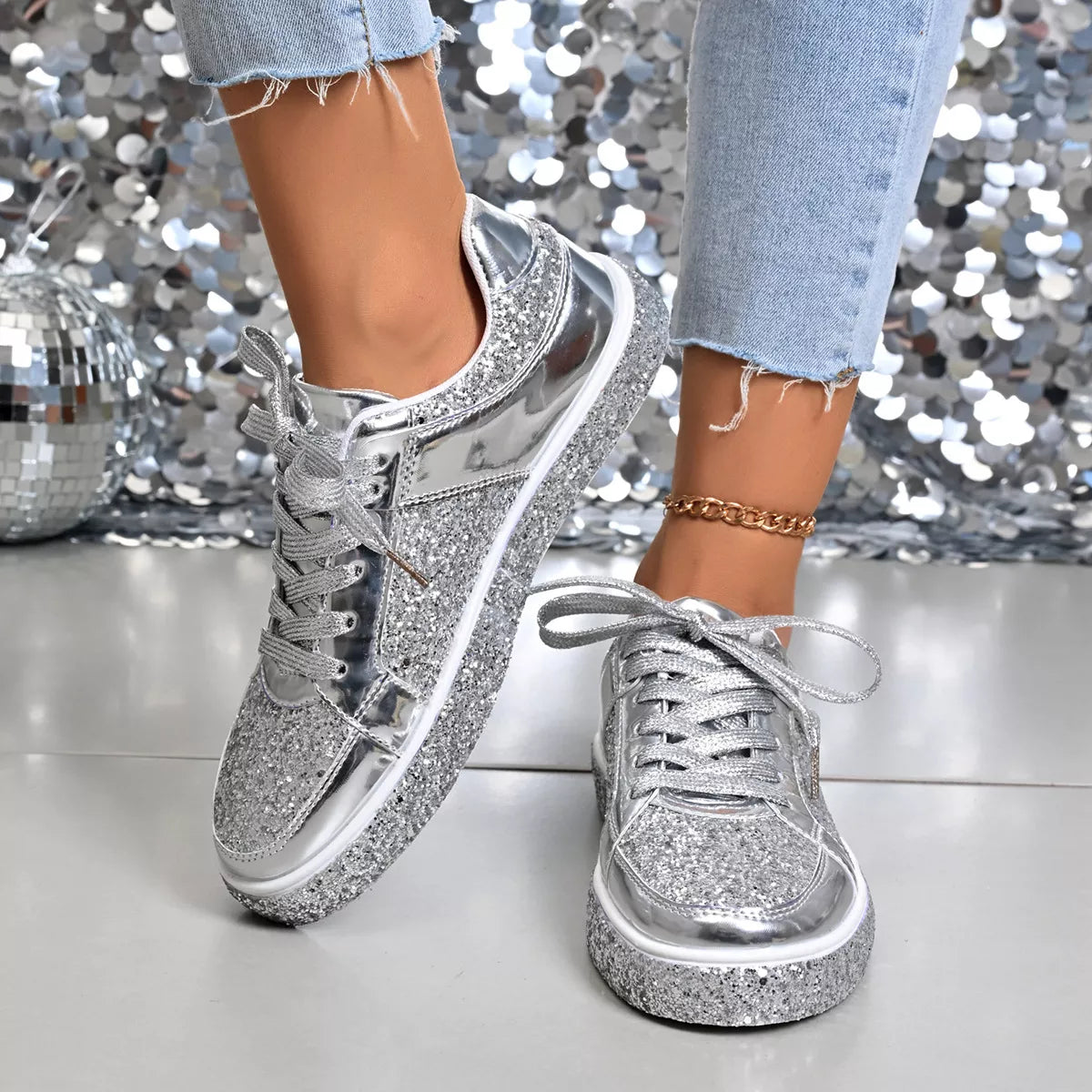 Women's Sequin Lace Up Sneakers - Gold, Silver & Champagne