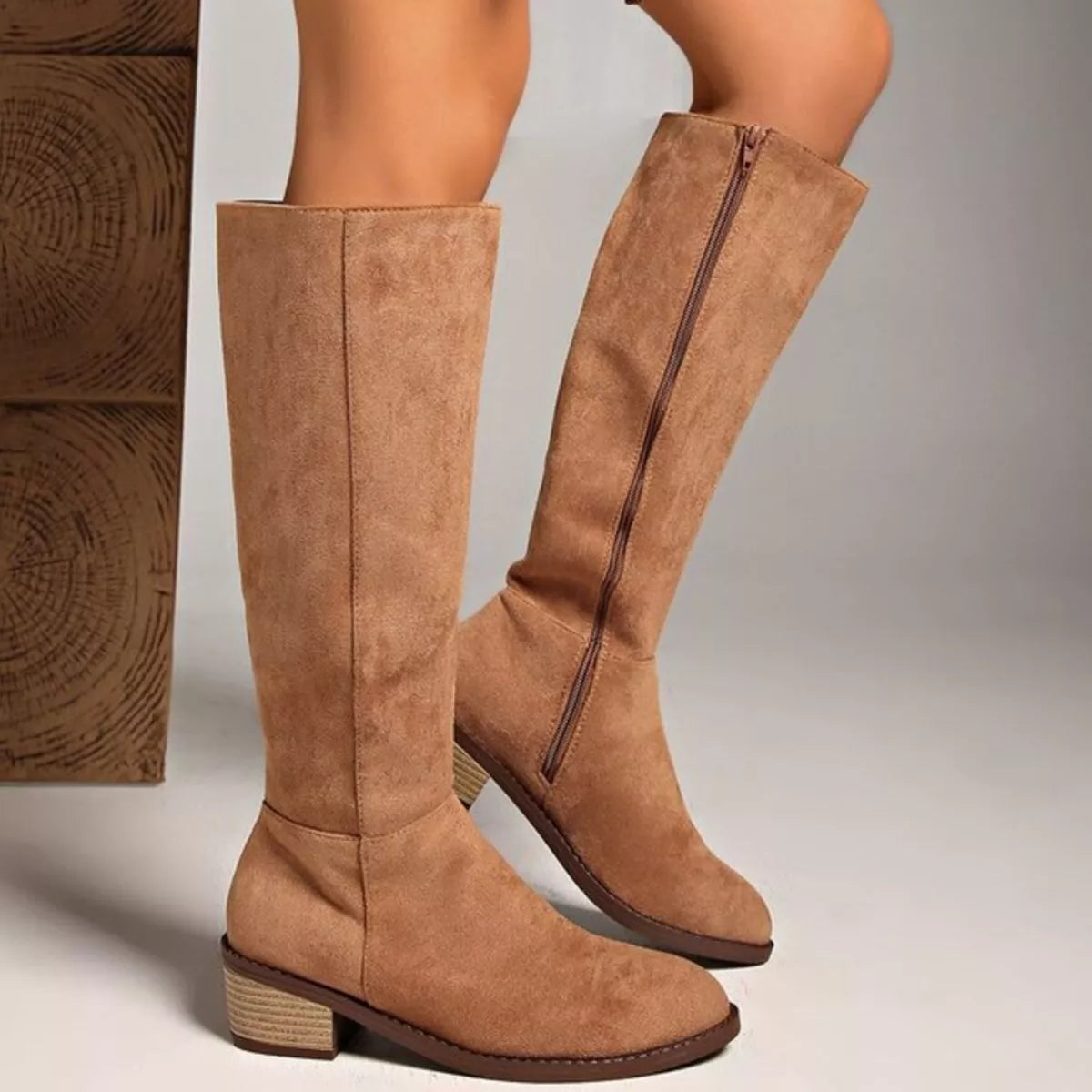 Women's Tan Suede Knee-High Boots with Mid Block Heel