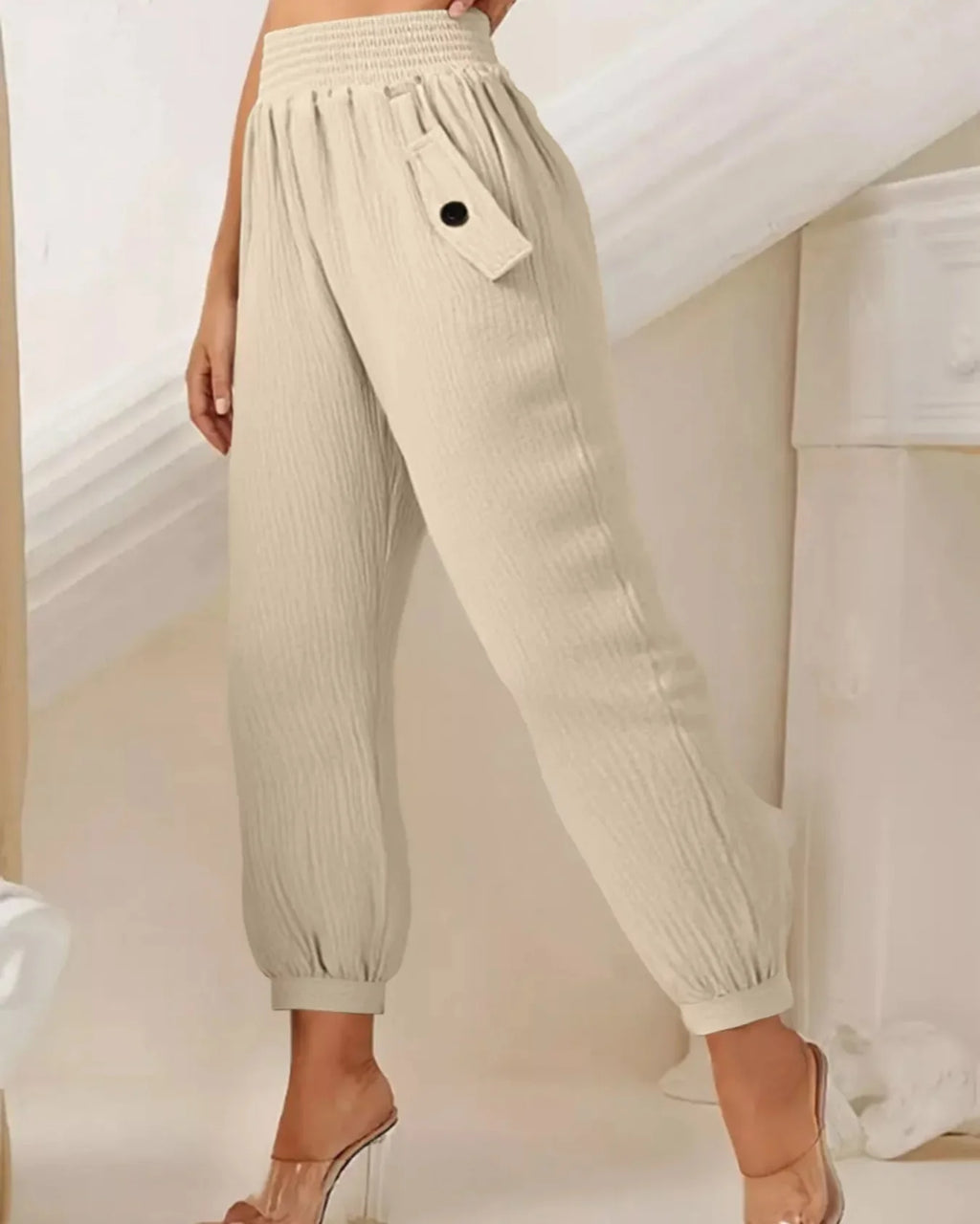 Women's Beige Textured Smocked Waist Casual Pants with Pockets