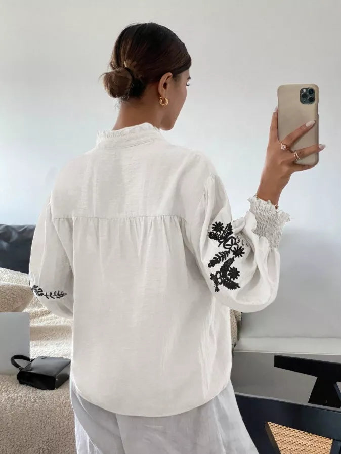Women's Embroidered White Long Sleeve Notched Collar Blouse