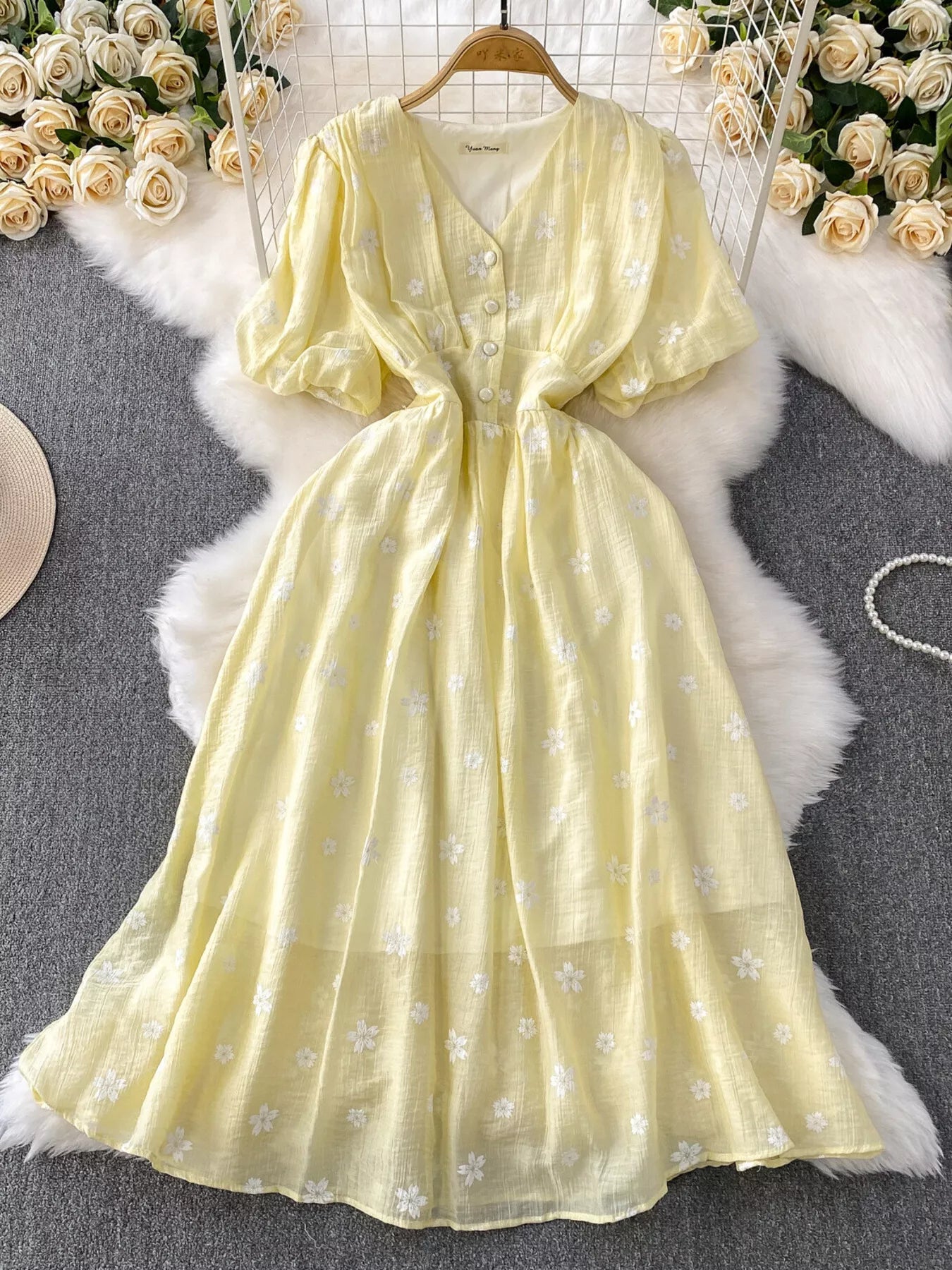 Floral Puff Sleeve A-Line Midi Dress