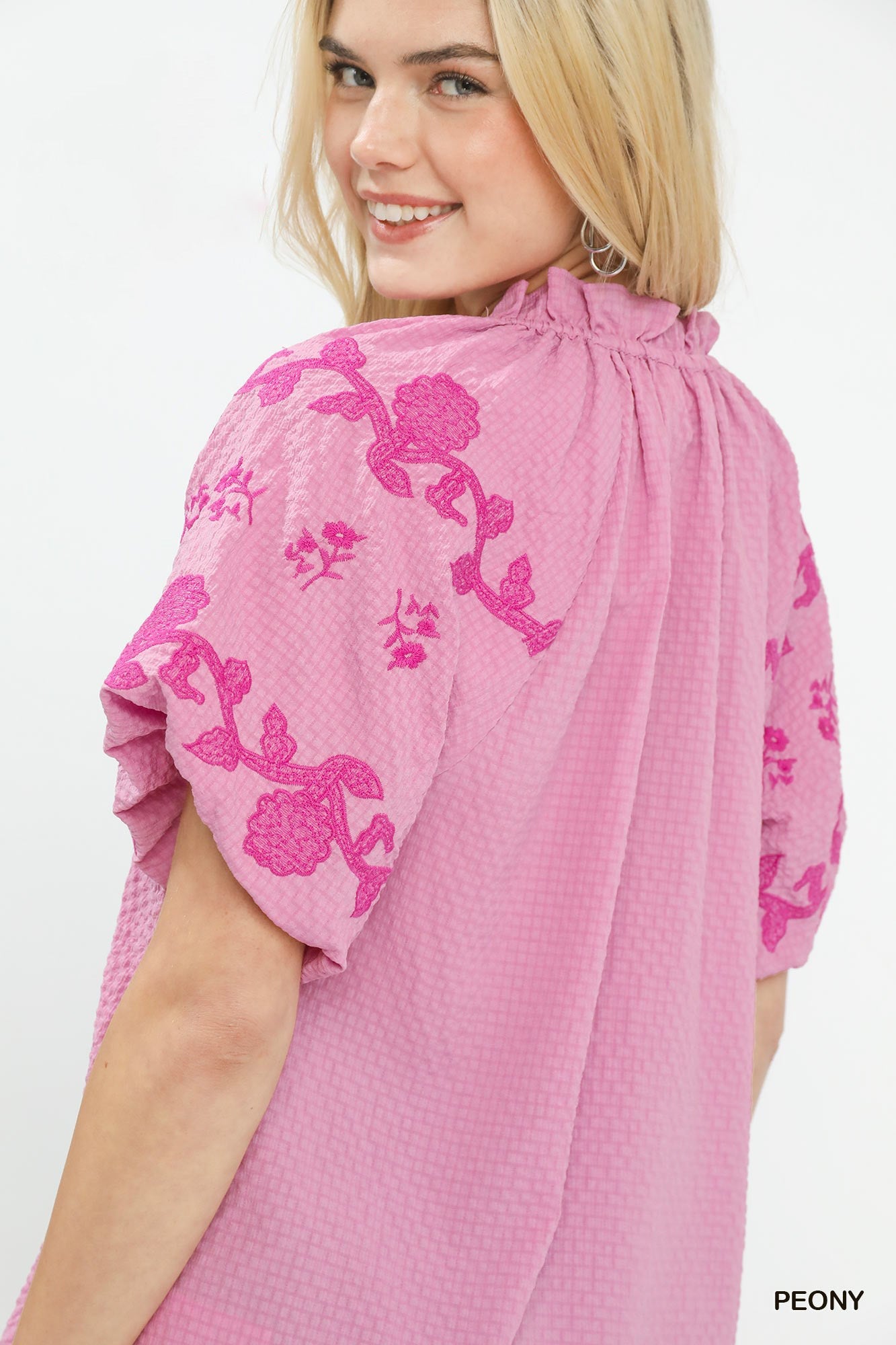 Peony Pink Embroidered Textured Flutter Sleeve Top