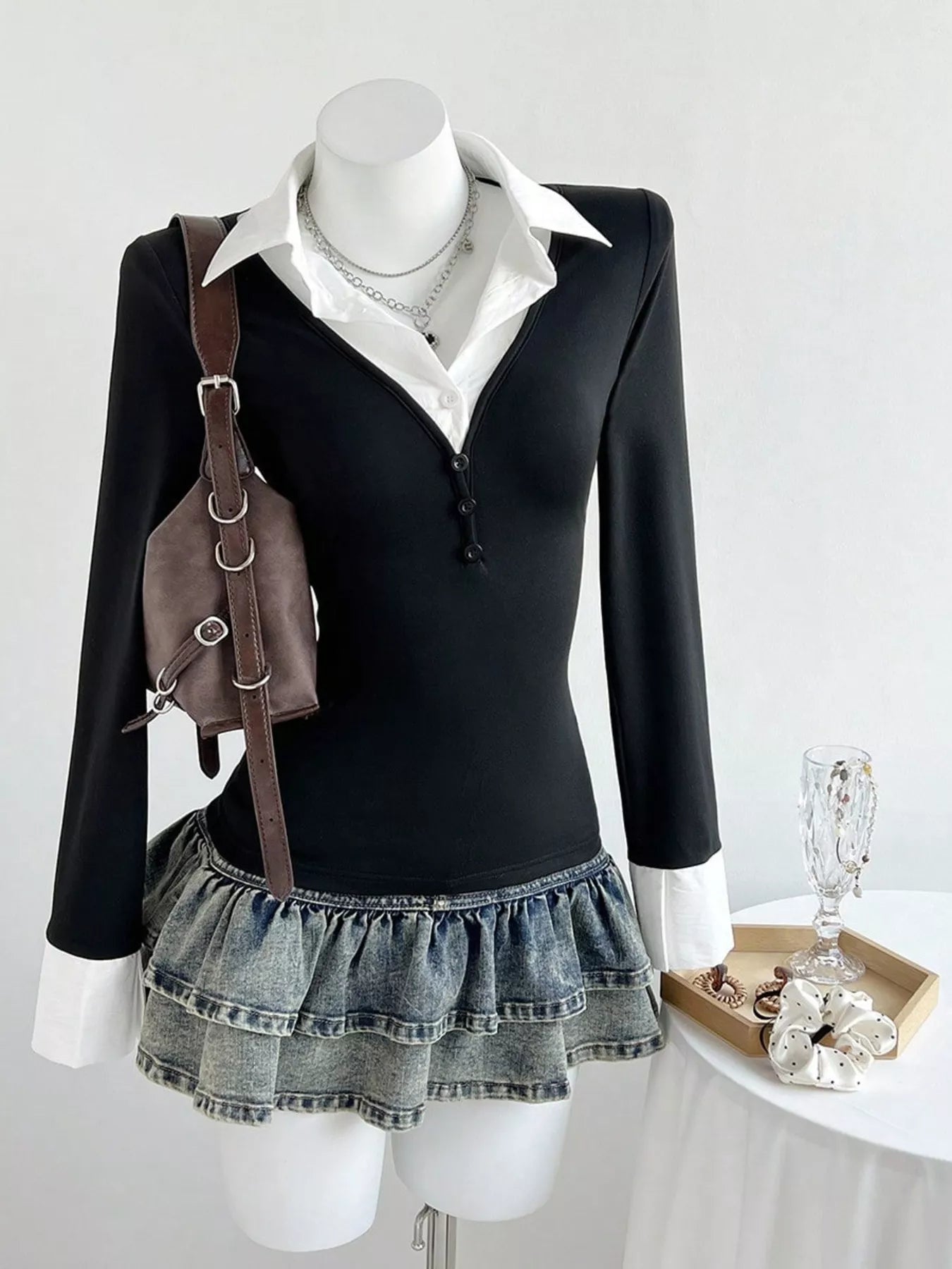 Black and White Long Sleeve Slim Fit Buttoned Polo Shirt