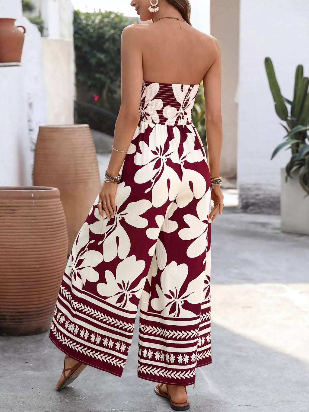 Blue Floral Print Tie Front Strapless Wide Leg Jumpsuit